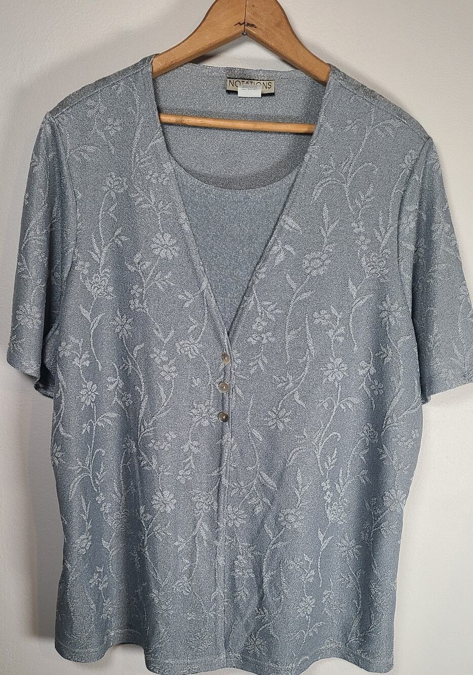 Notations Woman Gray Knit Faux Twin Set Floral 1X USA Twee Secretary Suburban